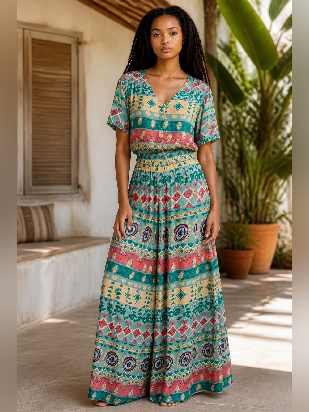 80s 2 PC NORA NOH SILK TURQUOISE & PINK V-NECK BLOUSE & MAXI PLEAT SKIRT SZ 14